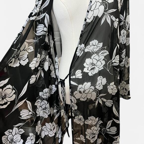 VTG Y2K Secret Treasures Black & White Sheer Floral Print Bell Sleeve Robe M - Picture 6 of 8